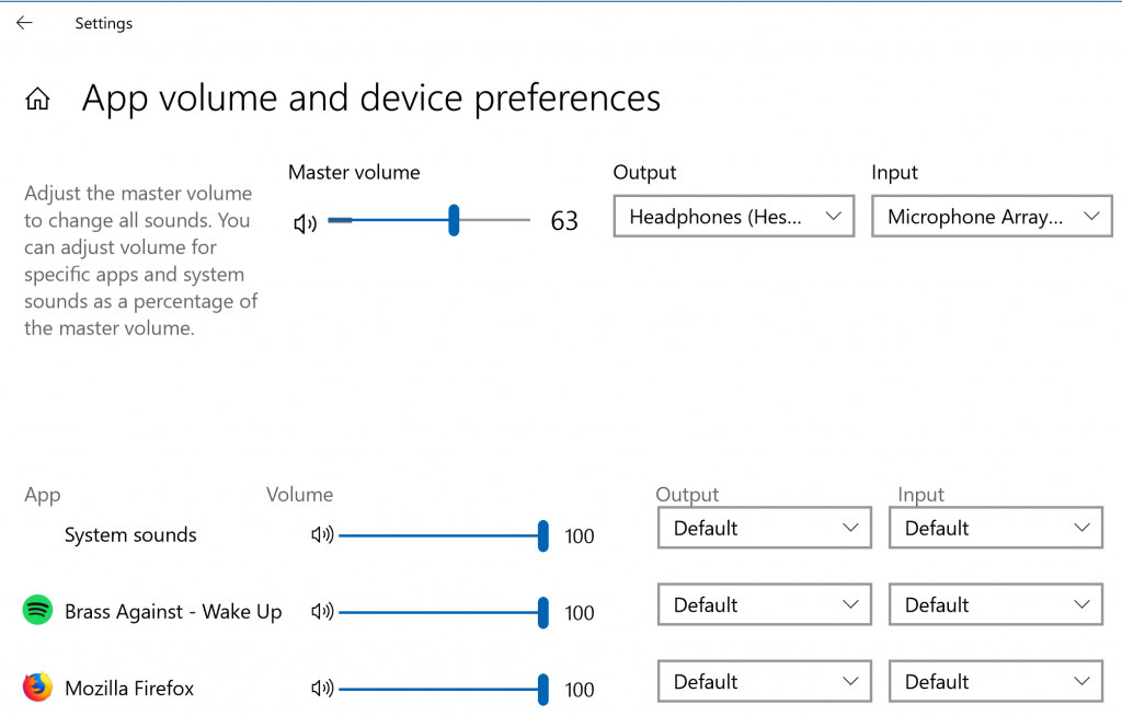 Application Audio Settings in Windows 10