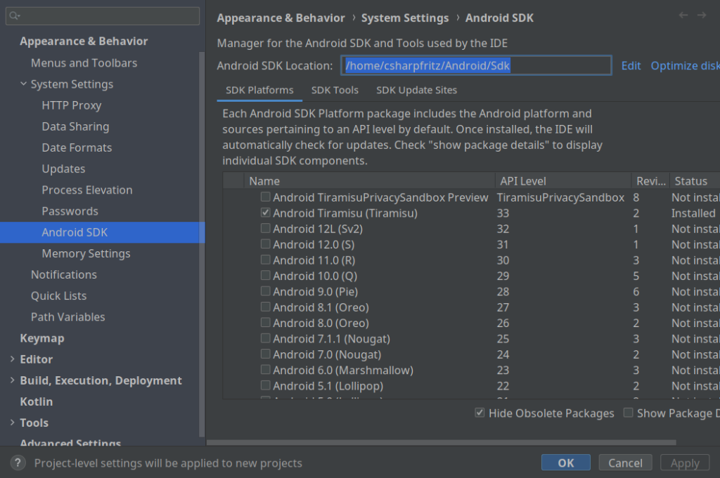Android Studio SDK Manager screen