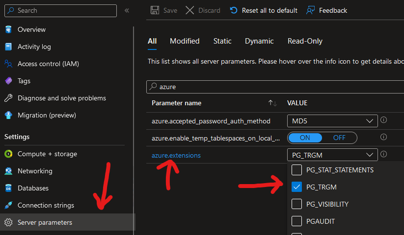 Azure Portal showing how to configure the PG_TRGM extension
