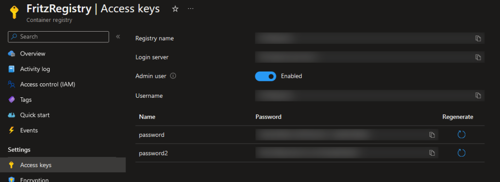 Azure Portal and identifying the Access Keys for a container registry