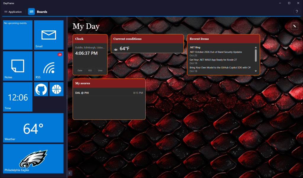 A board called My Day in the Dragon style, red and black scales behind widgets with red headers and ember-orange borders: a London clock, current conditions at 64°F, recent .NET Blog items, and My scores showing Dallas at Philadelphia at 8:15 PM